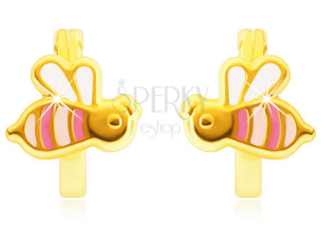 Zlaté náušnice včeličky růžové barvy s bílými křídly